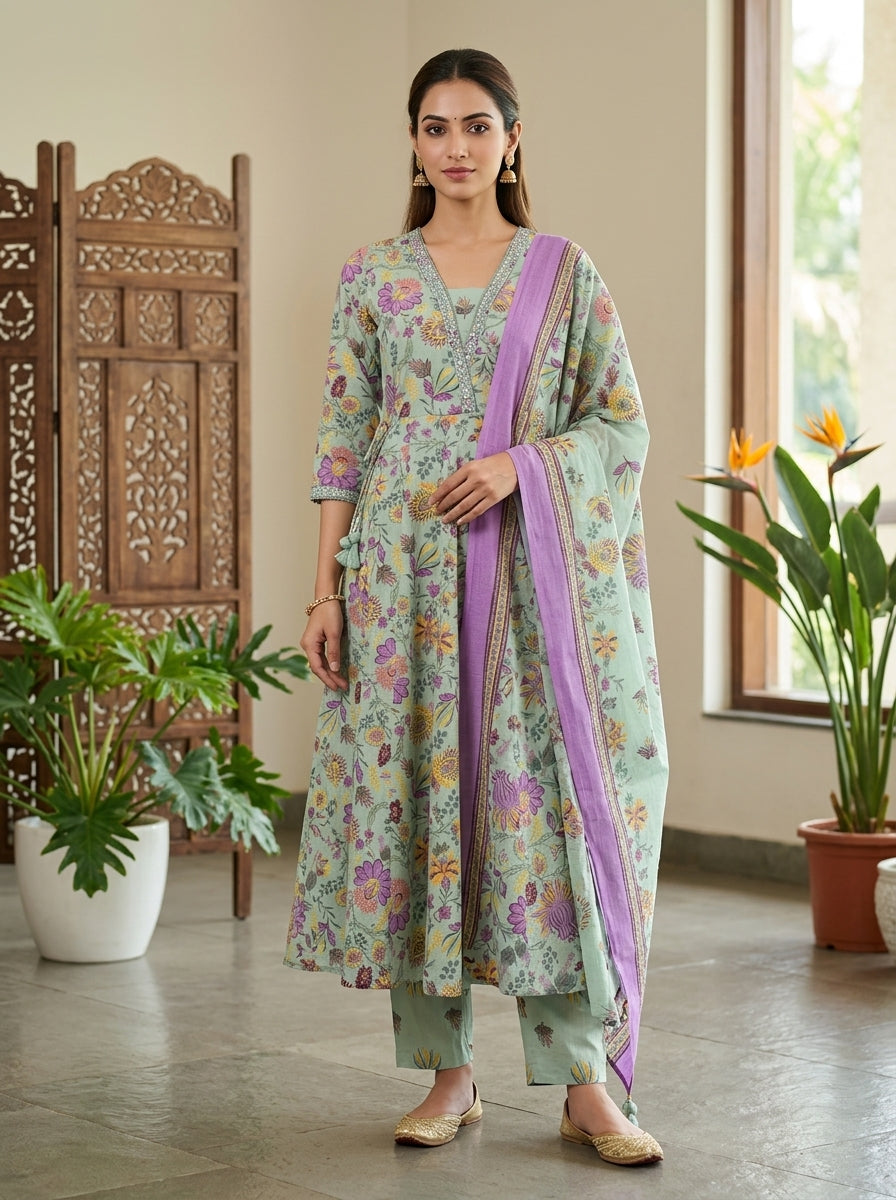 Green Cotton Anarkali Kurta Pant Set with Dupatta-250152