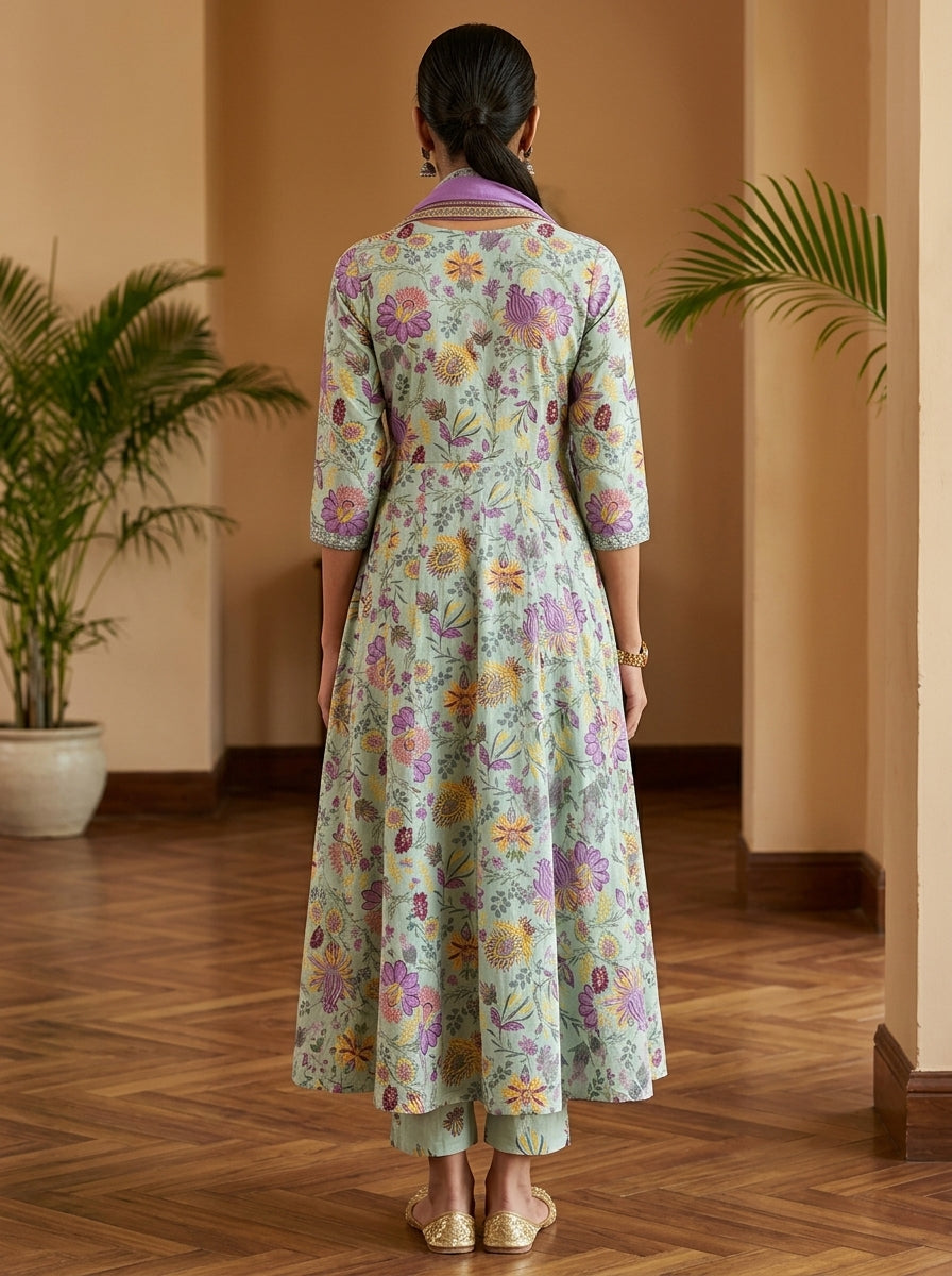 Green Cotton Anarkali Kurta Pant Set with Dupatta-250152