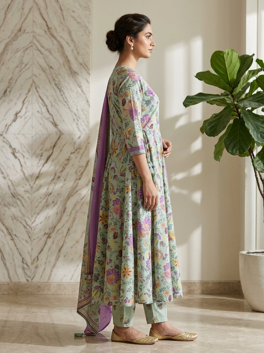 Green Cotton Anarkali Kurta Pant Set with Dupatta-250152
