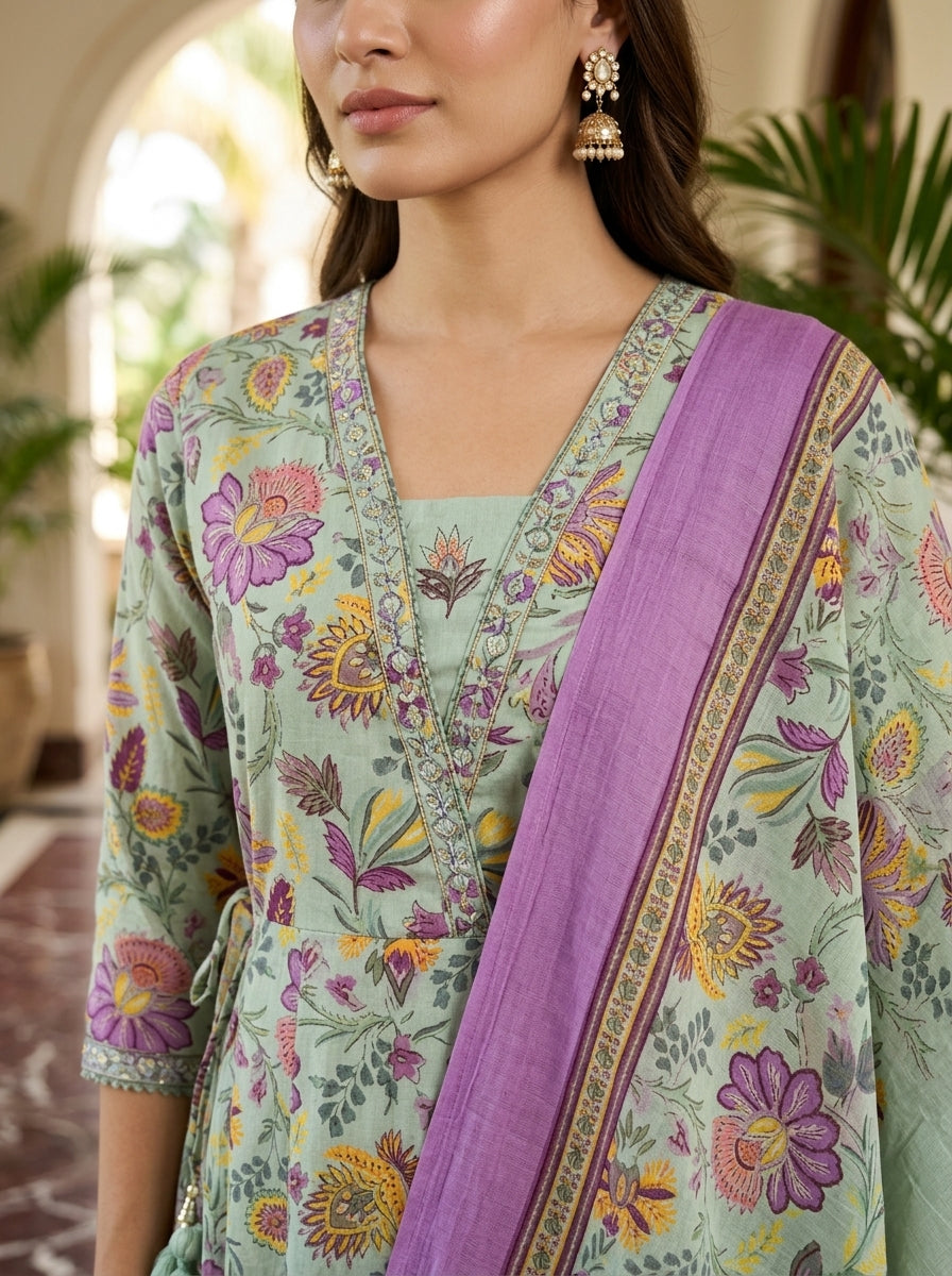Green Cotton Anarkali Kurta Pant Set with Dupatta-250152