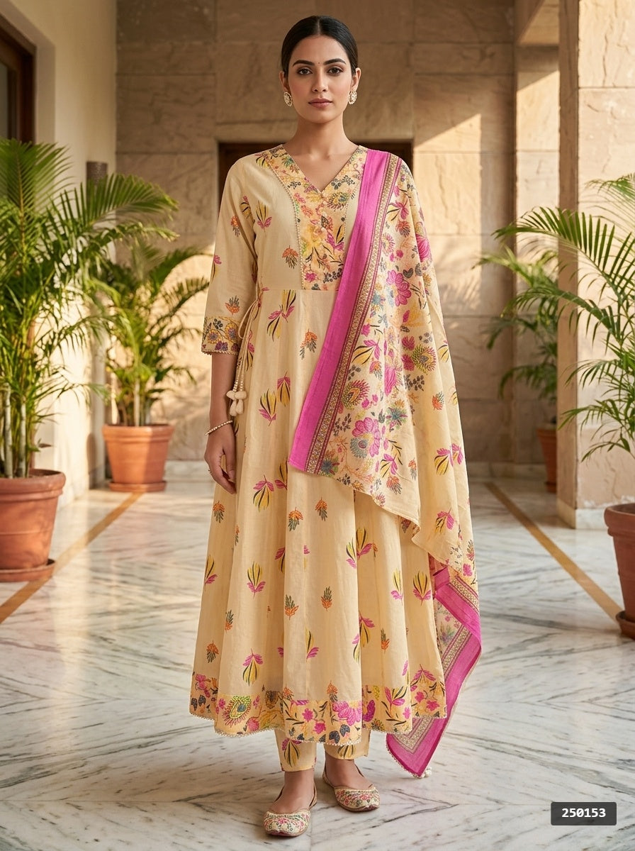 Yellow Cotton Anarkali Kurta Pant Set with Dupatta-250153