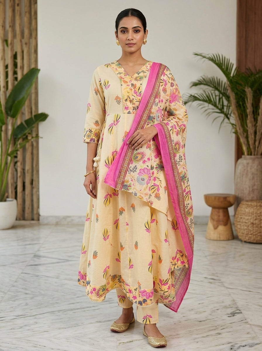 Yellow Cotton Anarkali Kurta Pant Set with Dupatta-250153