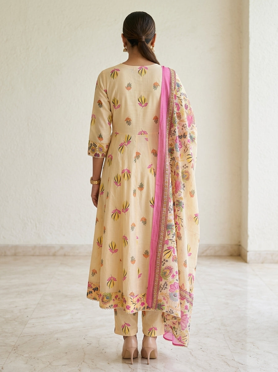 Yellow Cotton Anarkali Kurta Pant Set with Dupatta-250153
