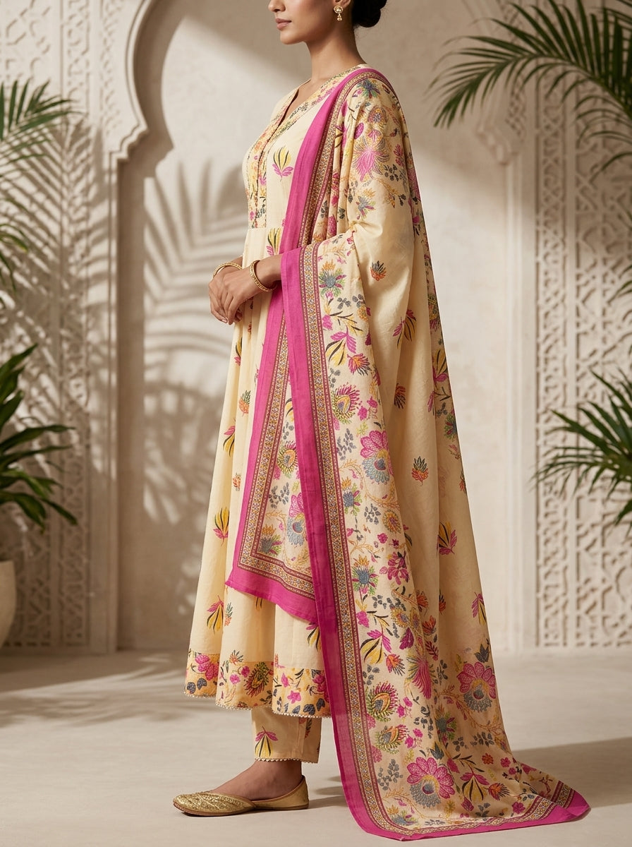 Yellow Cotton Anarkali Kurta Pant Set with Dupatta-250153