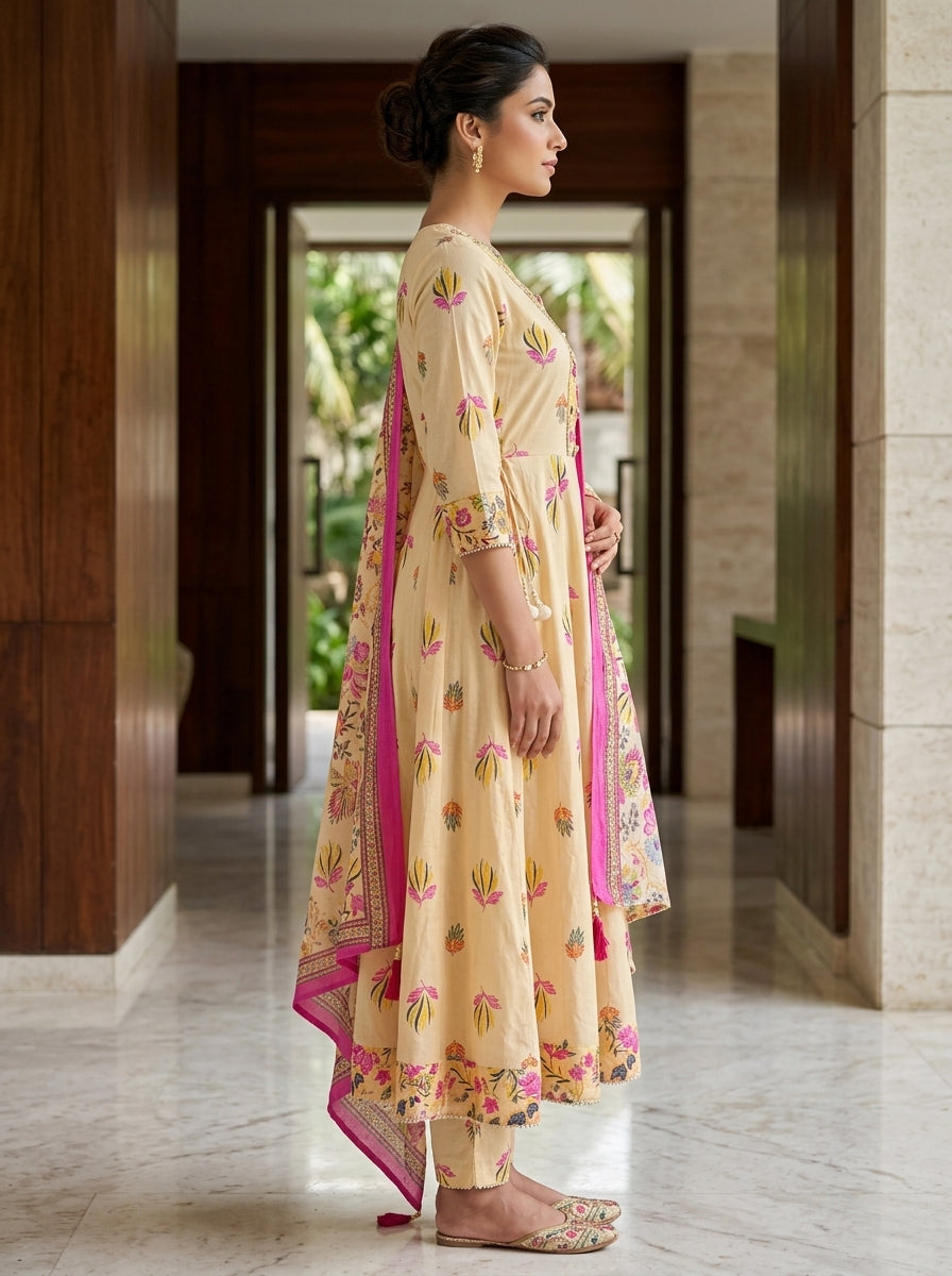 Yellow Cotton Anarkali Kurta Pant Set with Dupatta-250153