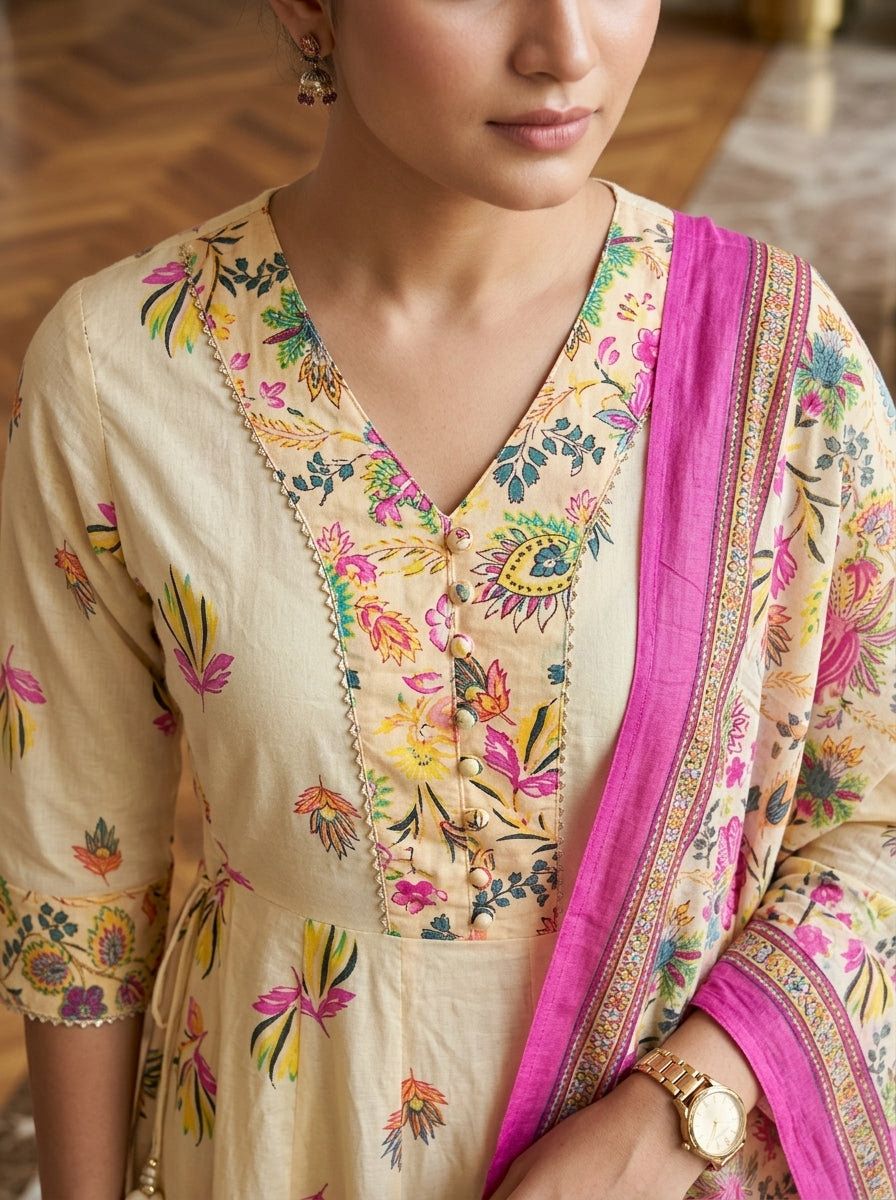 Yellow Cotton Anarkali Kurta Pant Set with Dupatta-250153