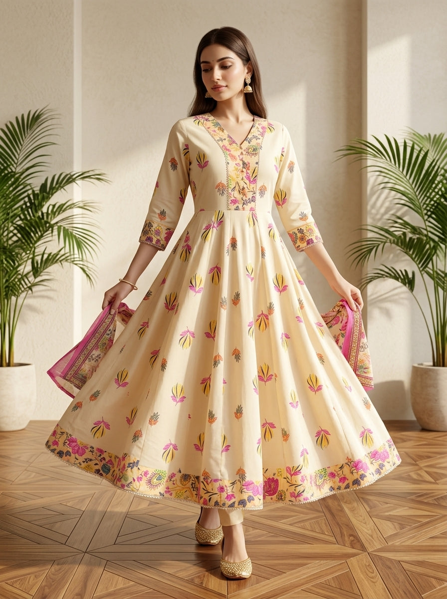Yellow Cotton Anarkali Kurta Pant Set with Dupatta-250153