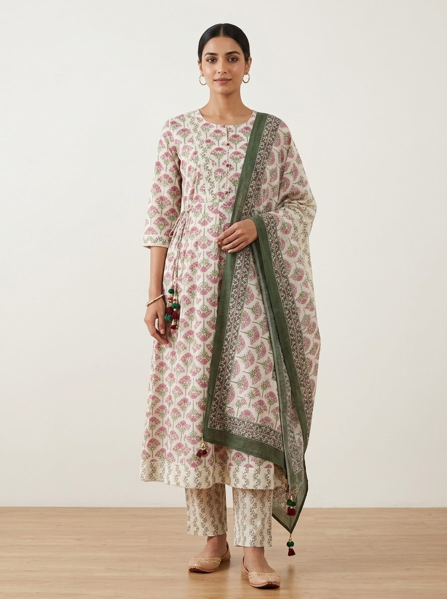 Pink Cotton Anarkali Kurta Pant Set with Dupatta-250157