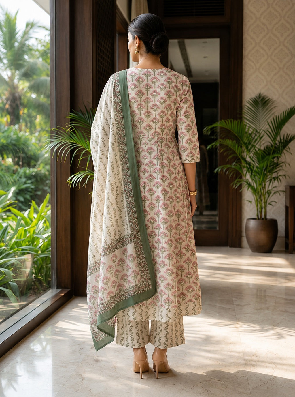 Pink Cotton Anarkali Kurta Pant Set with Dupatta-250157