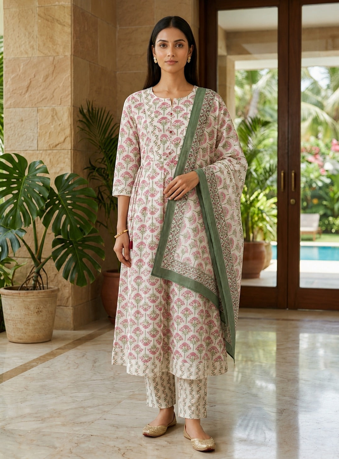 Pink Cotton Anarkali Kurta Pant Set with Dupatta-250157