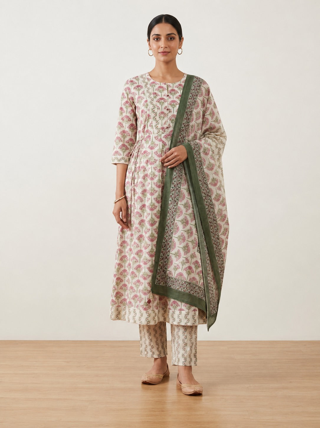 Pink Cotton Anarkali Kurta Pant Set with Dupatta-250157