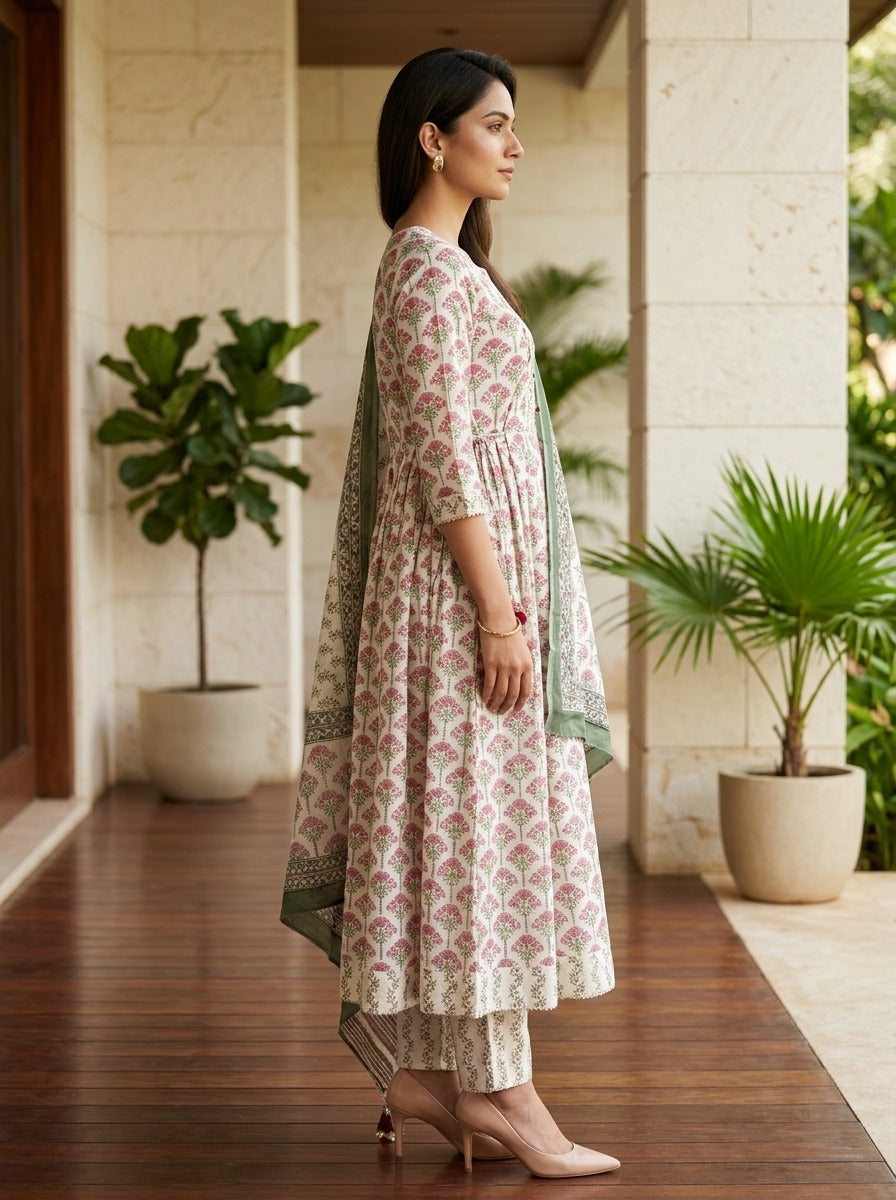 Pink Cotton Anarkali Kurta Pant Set with Dupatta-250157