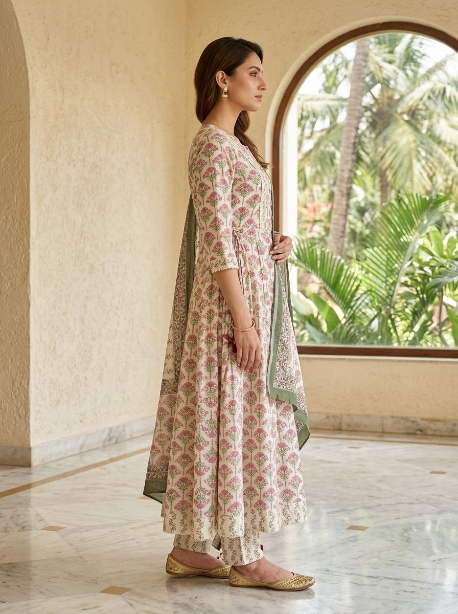 Pink Cotton Anarkali Kurta Pant Set with Dupatta-250157