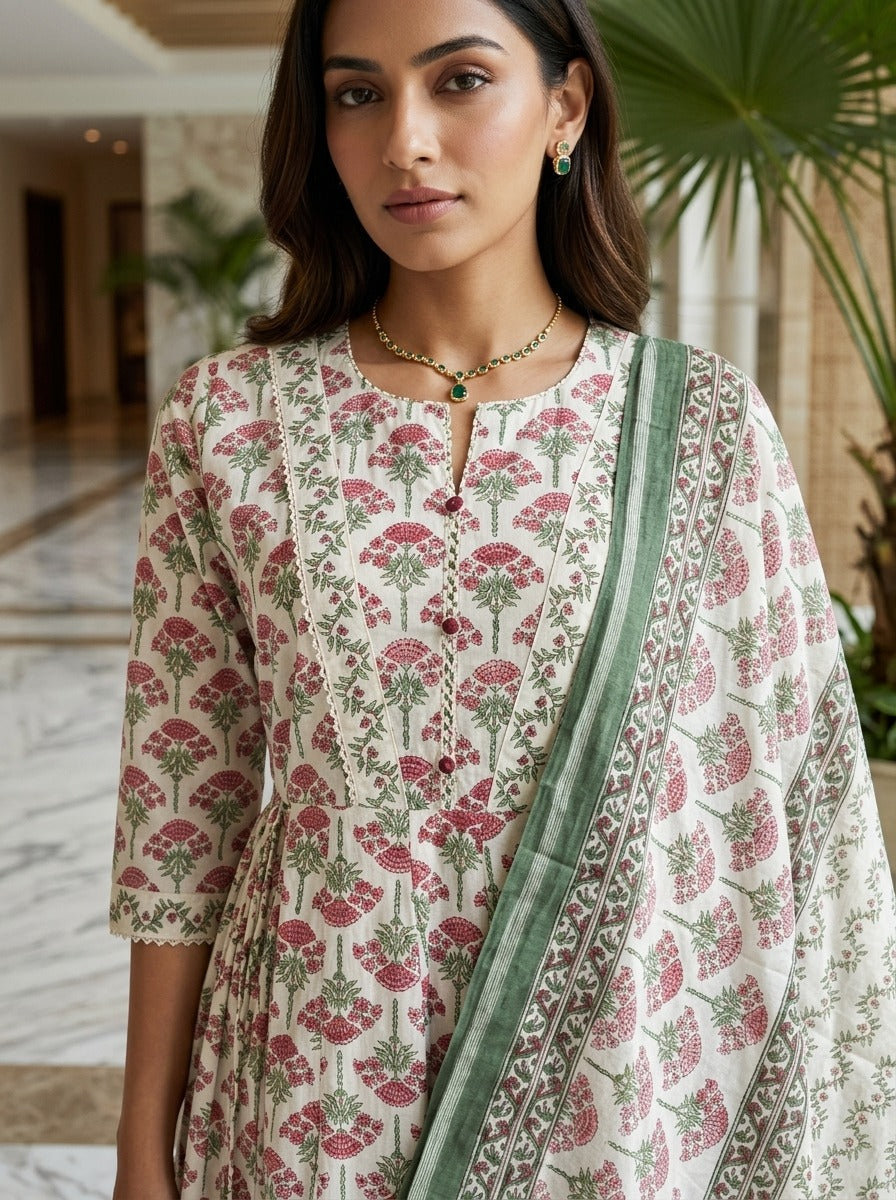 Pink Cotton Anarkali Kurta Pant Set with Dupatta-250157