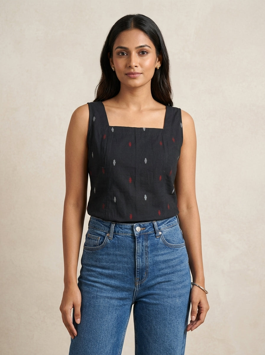 Black Ikat Cotton Sleeveless Top with Scoop Back