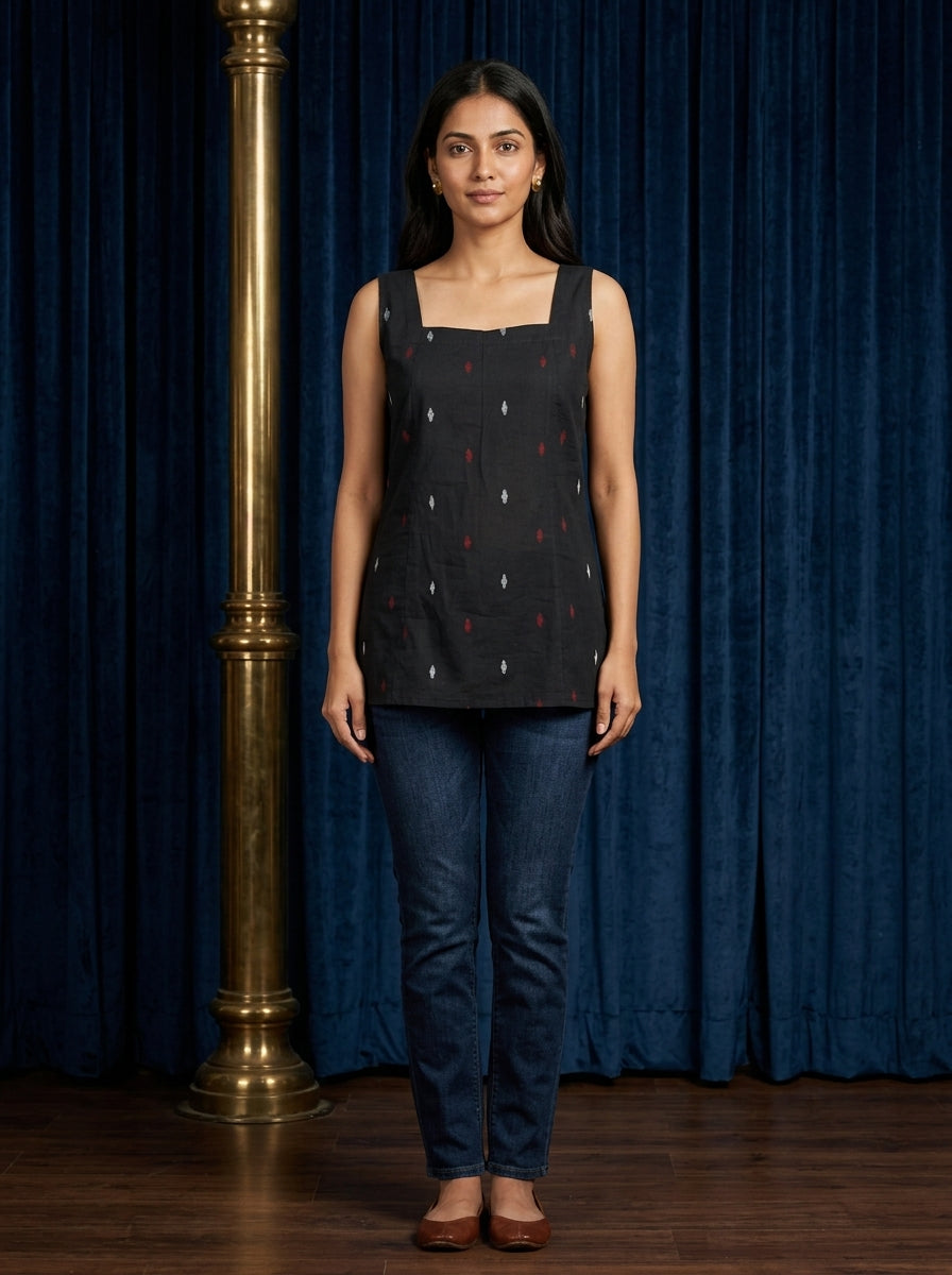Black Ikat Cotton Sleeveless Top with Scoop Back