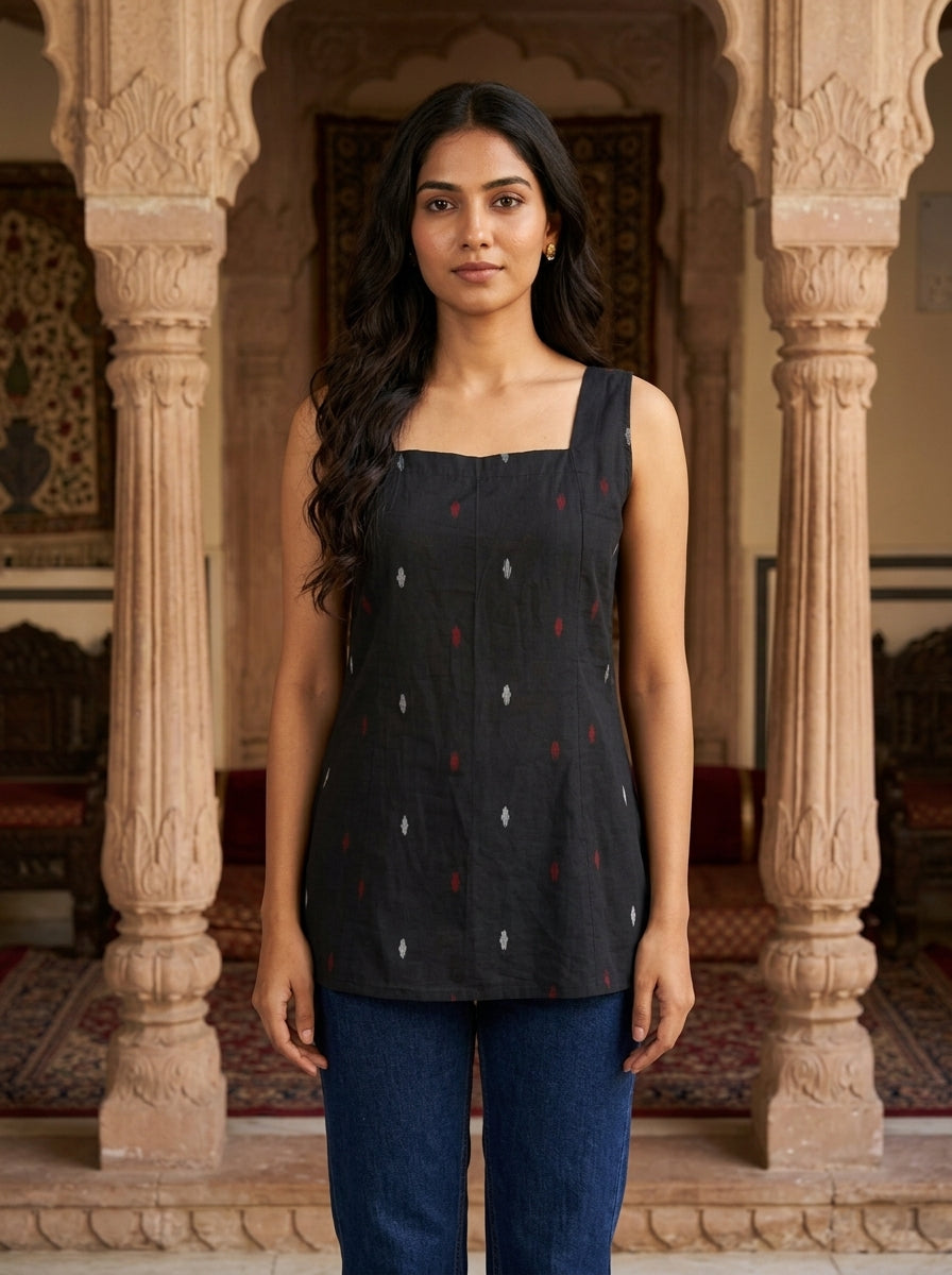 Black Ikat Cotton Sleeveless Top with Scoop Back