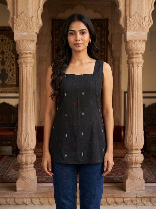 Black Ikat Cotton Sleeveless Top with Scoop Back
