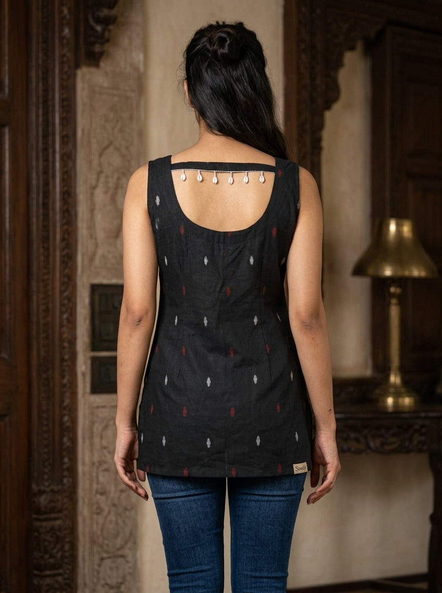 Black Ikat Cotton Sleeveless Top with Scoop Back