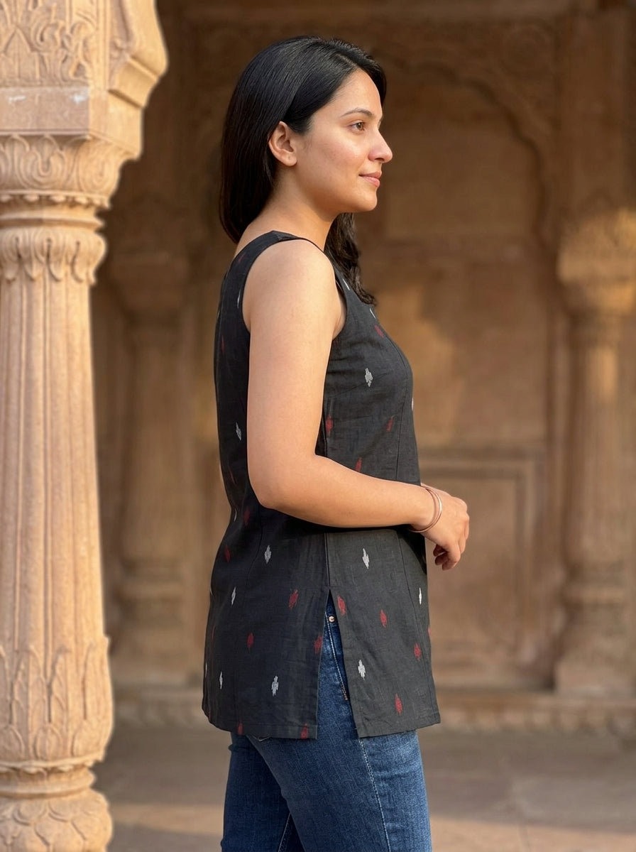 Black Ikat Cotton Sleeveless Top with Scoop Back