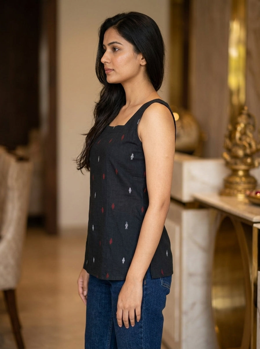 Black Ikat Cotton Sleeveless Top with Scoop Back