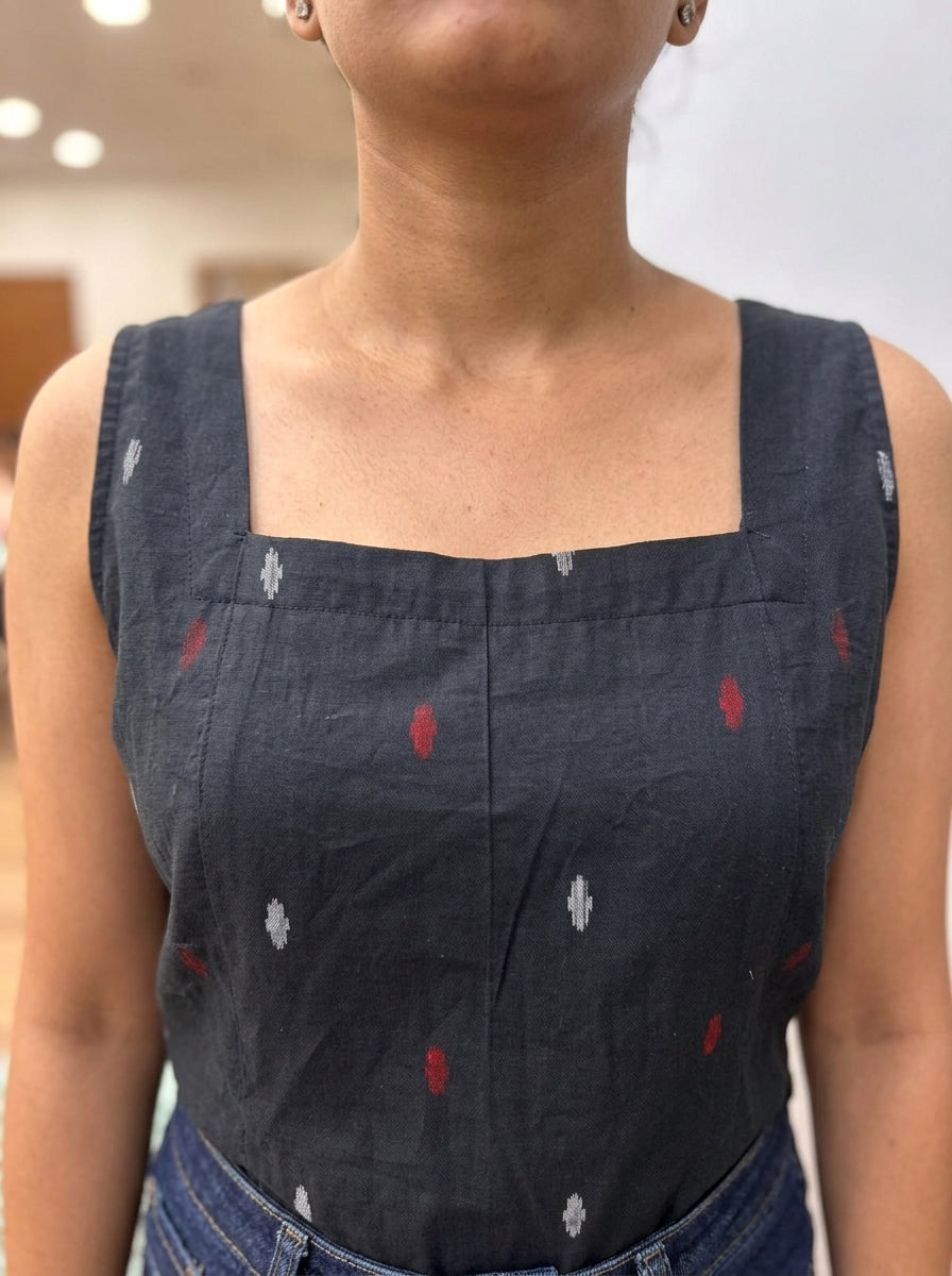 Black Ikat Cotton Sleeveless Top with Scoop Back