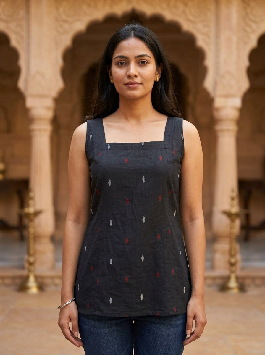 Black Ikat Cotton Sleeveless Top with Scoop Back