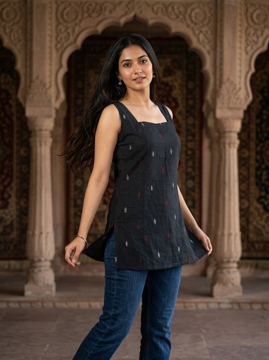 Black Ikat Cotton Sleeveless Top with Scoop Back