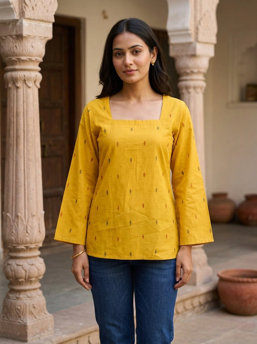 Mustard Ikat Cotton Square Neck Top