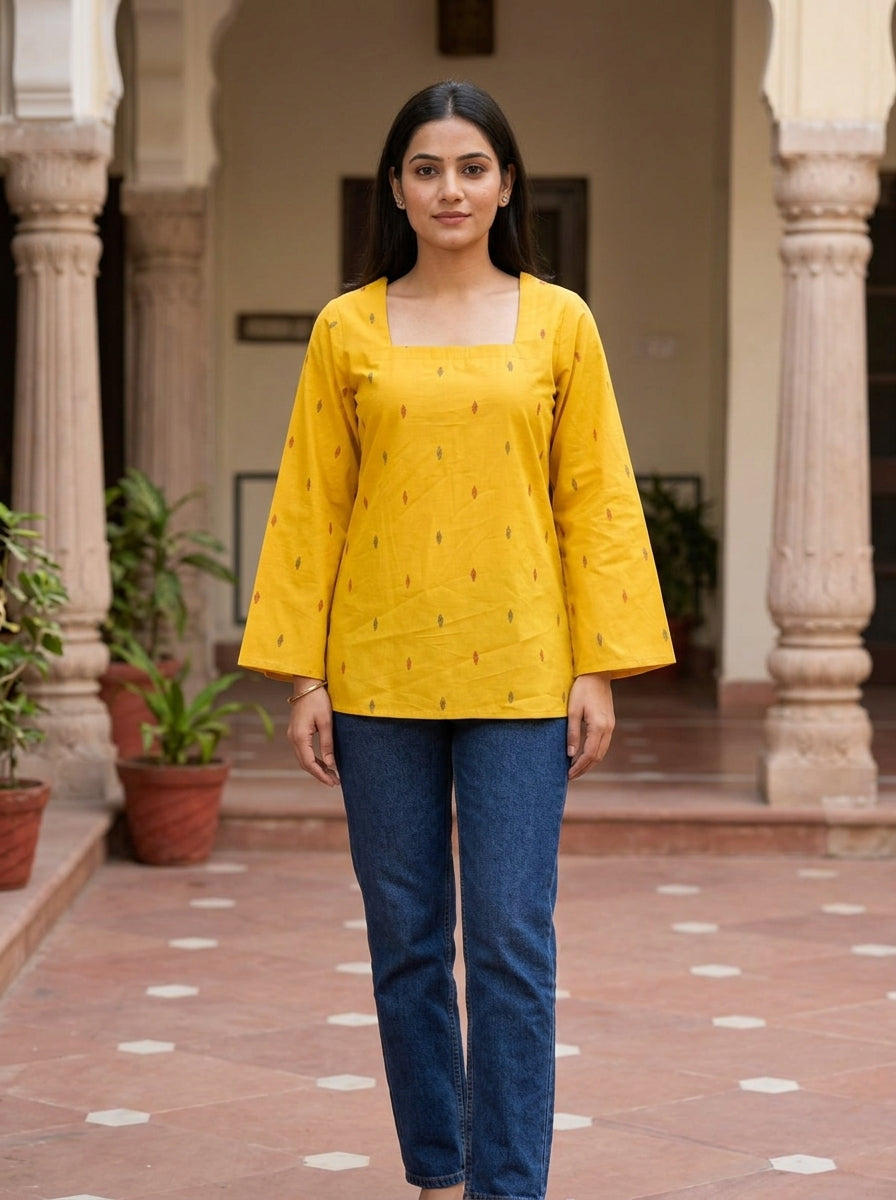 Mustard Ikat Cotton Square Neck Top