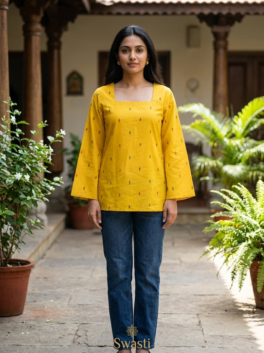 Mustard Ikat Cotton Square Neck Top