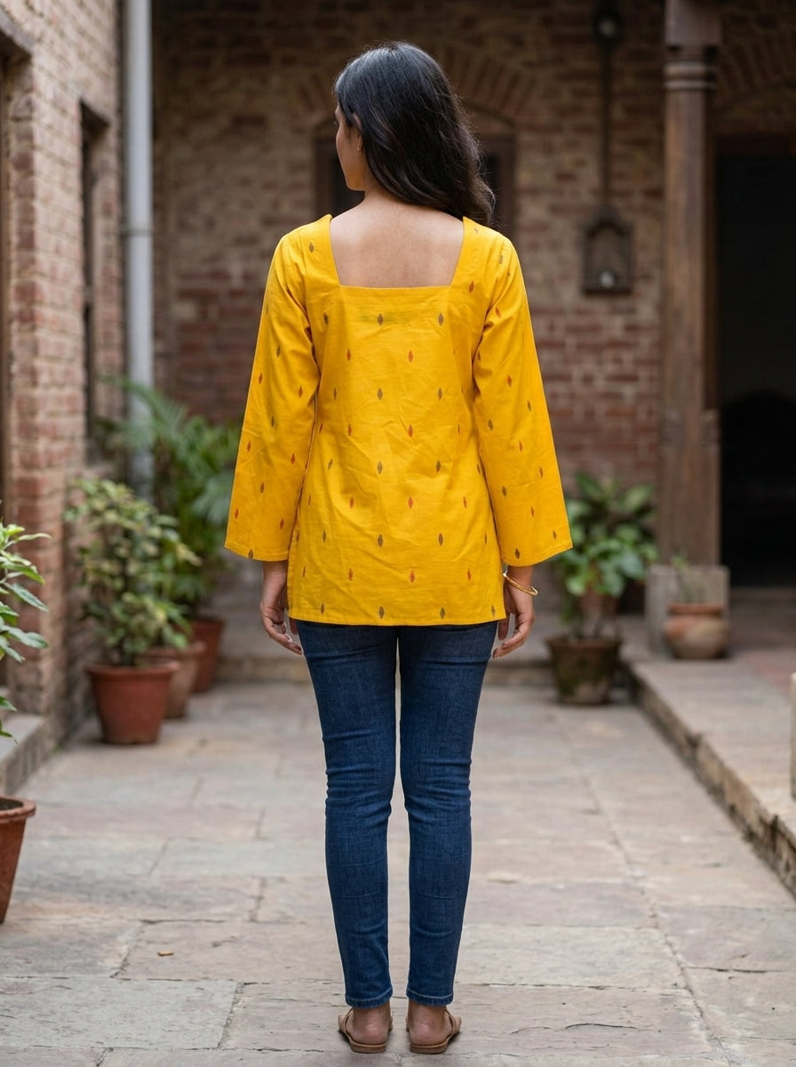 Mustard Ikat Cotton Square Neck Top