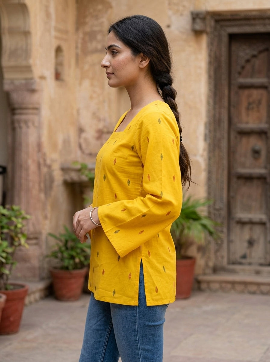 Mustard Ikat Cotton Square Neck Top