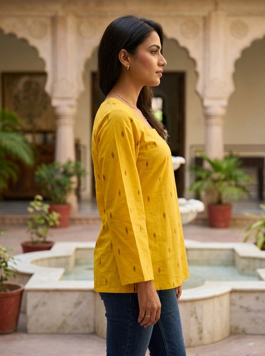 Mustard Ikat Cotton Square Neck Top