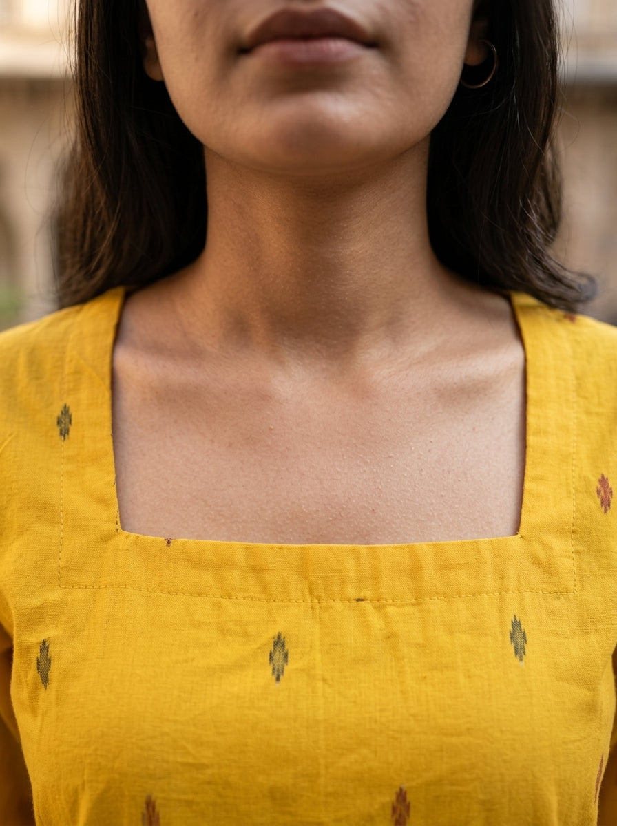 Mustard Ikat Cotton Square Neck Top