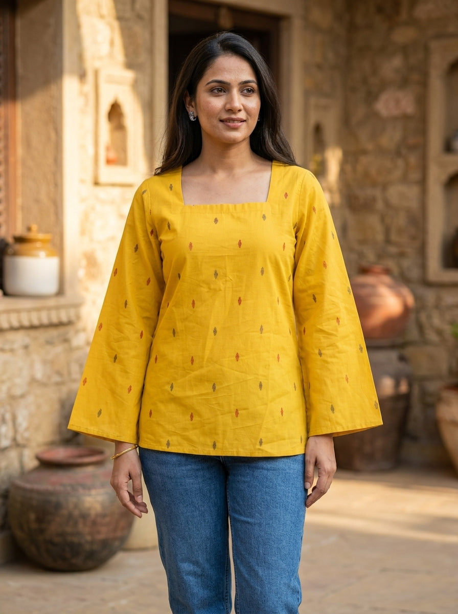 Mustard Ikat Cotton Square Neck Top