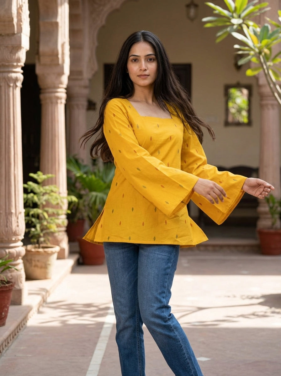 Mustard Ikat Cotton Square Neck Top