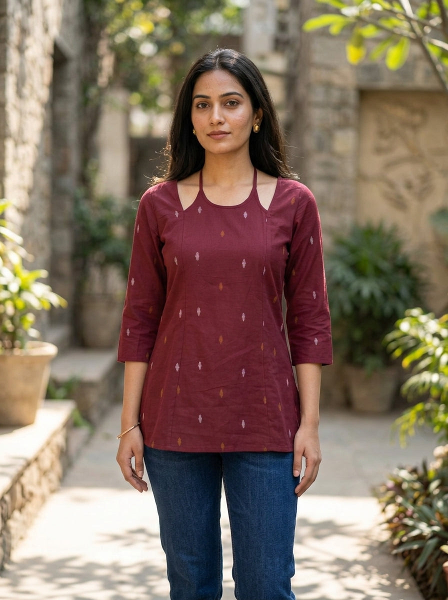 Maroon Ikat Cotton Lace-Back Top