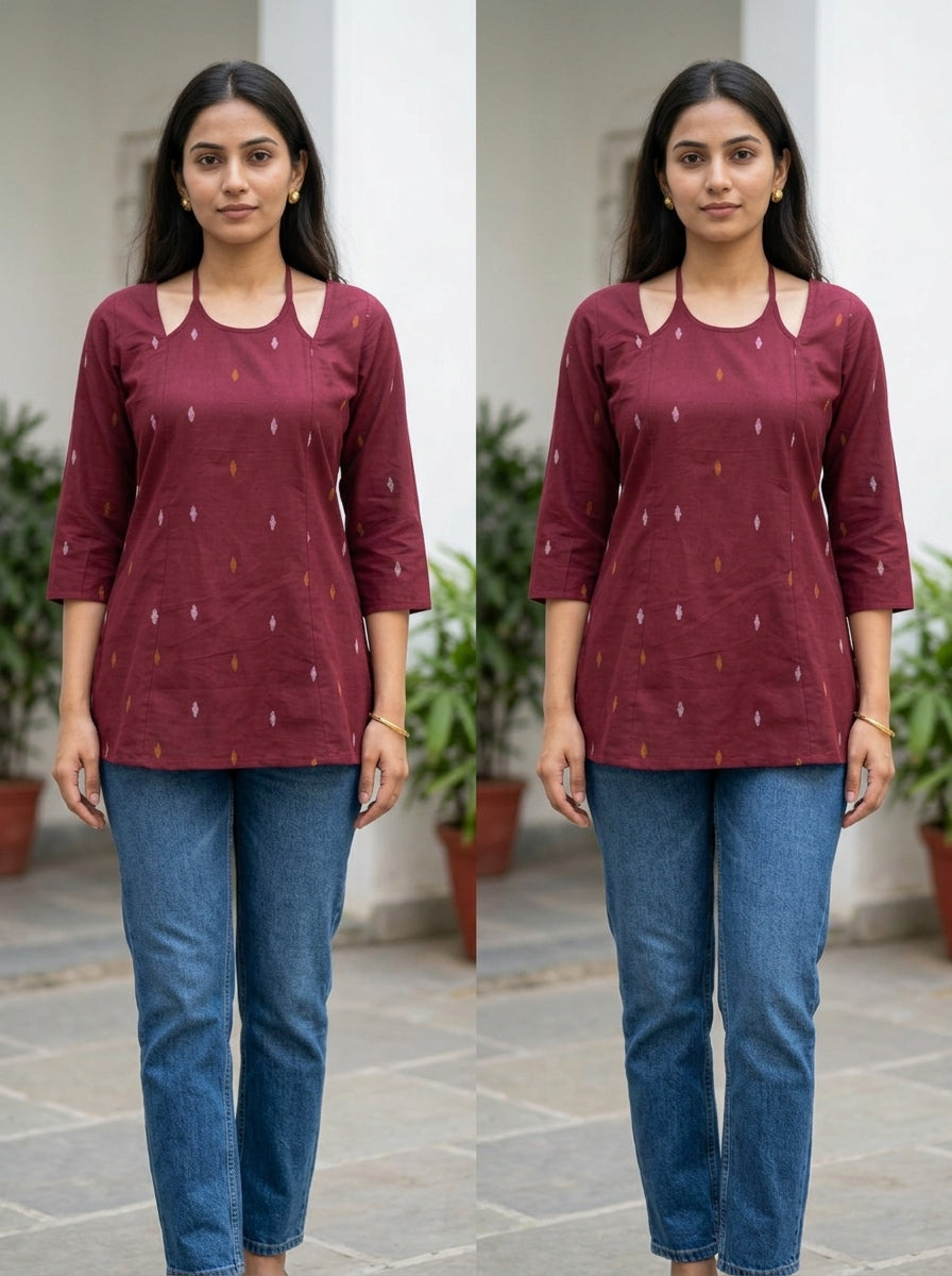 Maroon Ikat Cotton Lace-Back Top