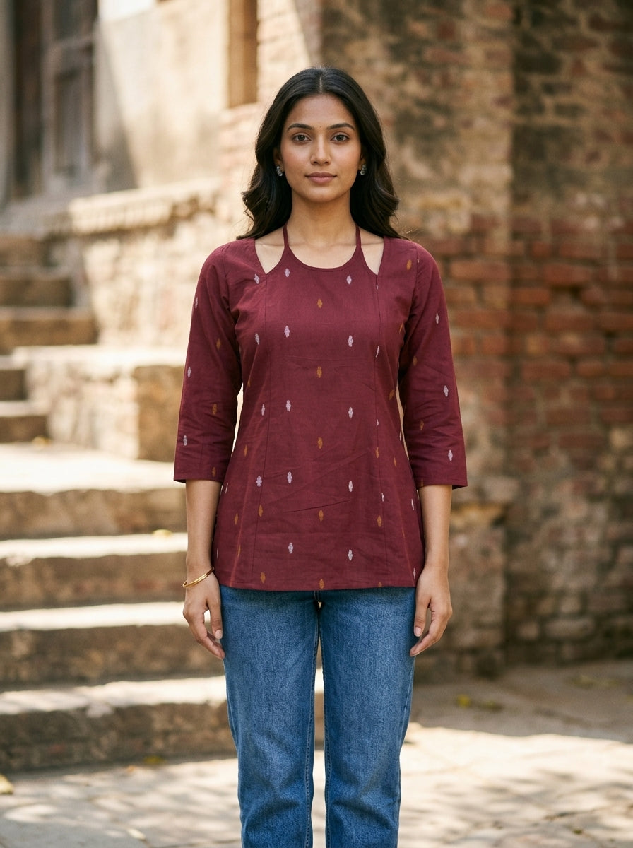 Maroon Ikat Cotton Lace-Back Top