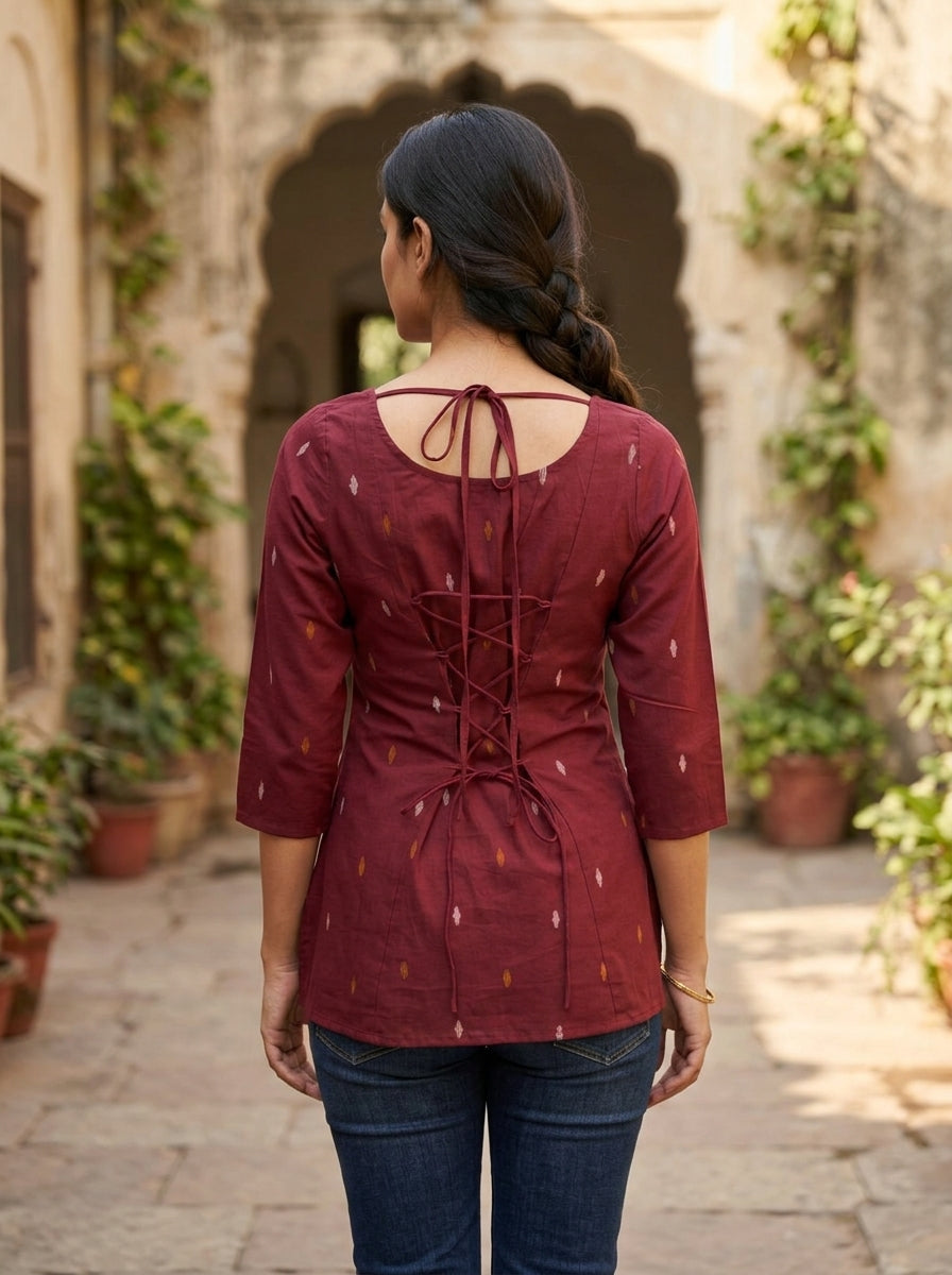 Maroon Ikat Cotton Lace-Back Top