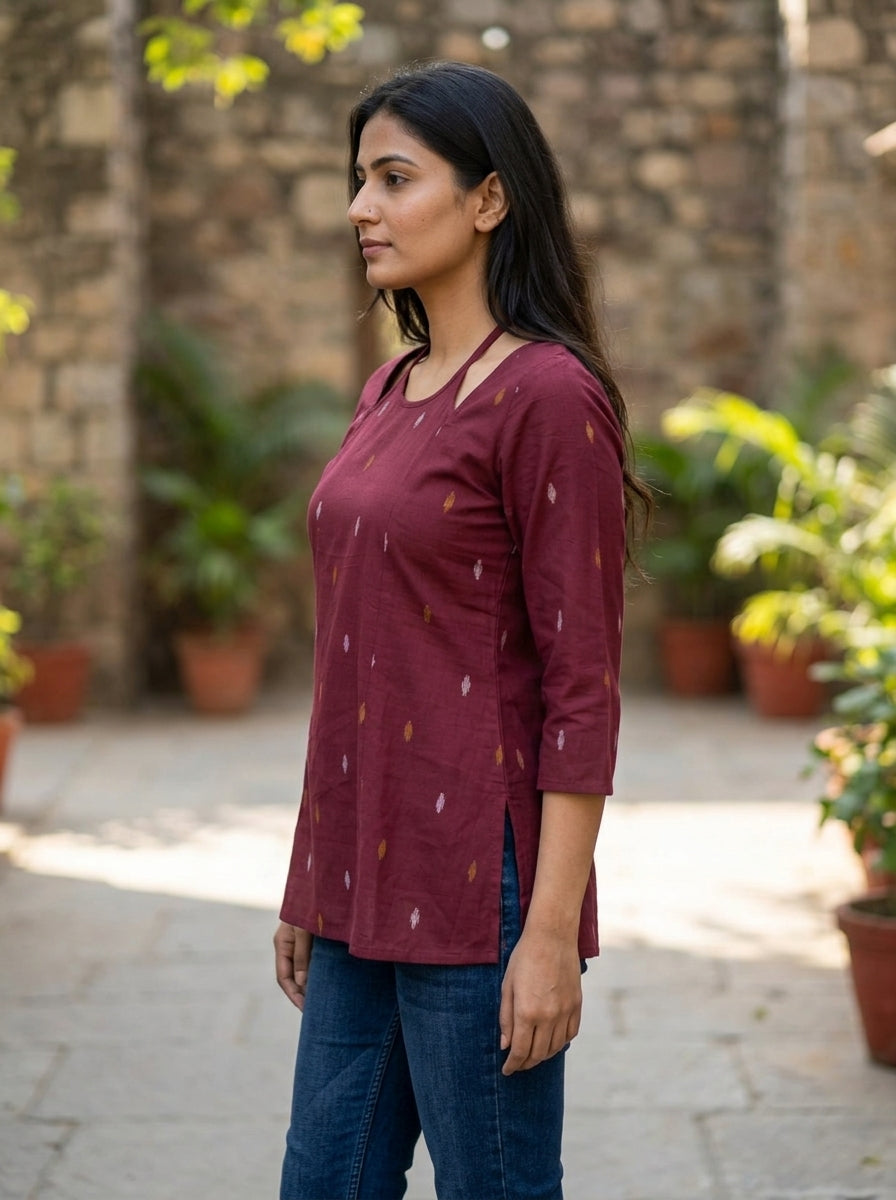 Maroon Ikat Cotton Lace-Back Top