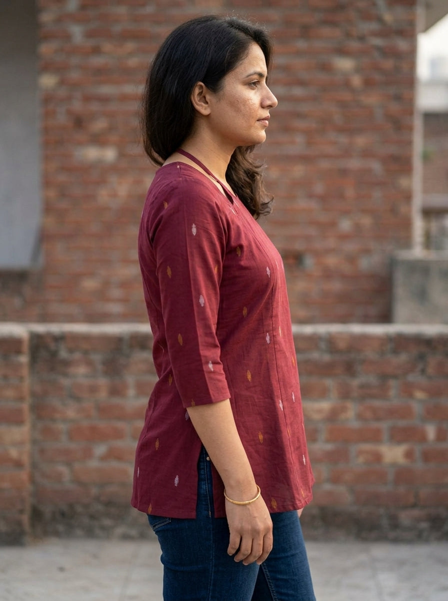 Maroon Ikat Cotton Lace-Back Top