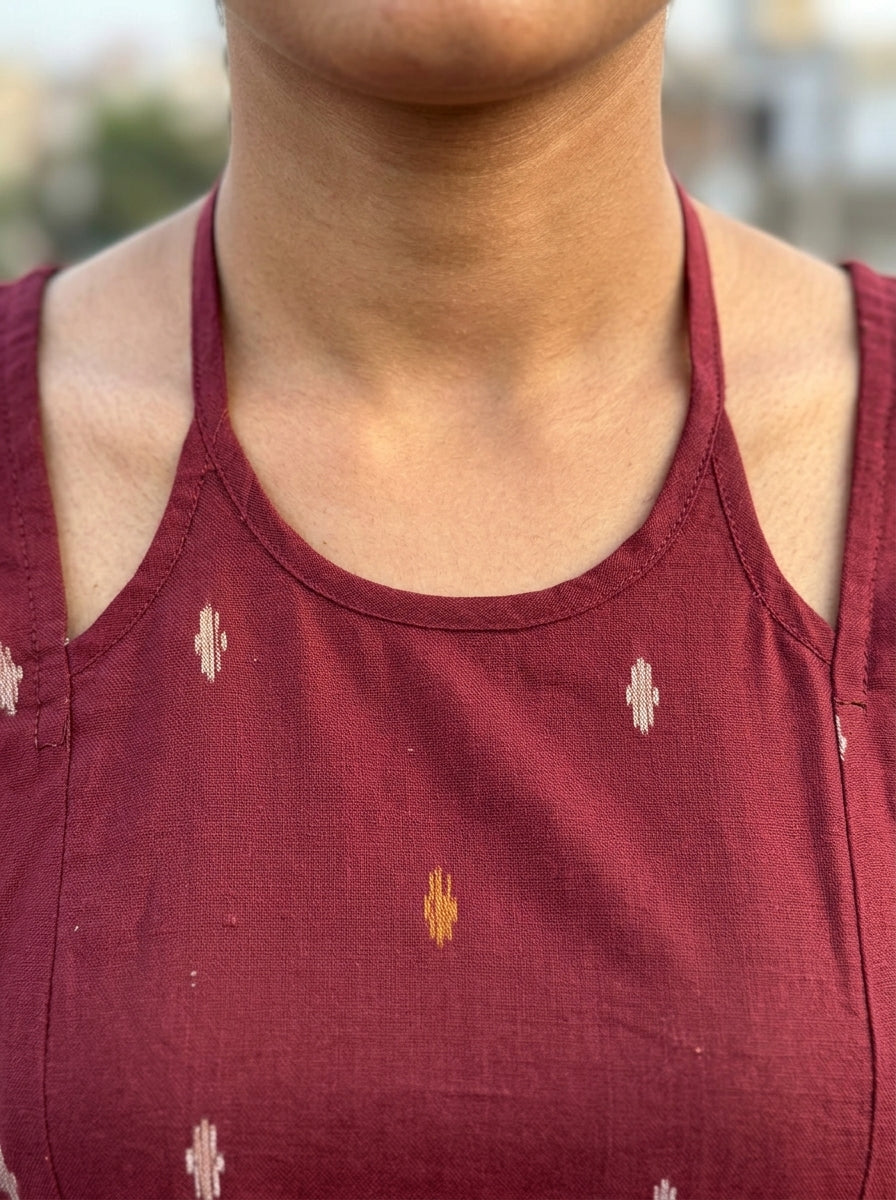 Maroon Ikat Cotton Lace-Back Top