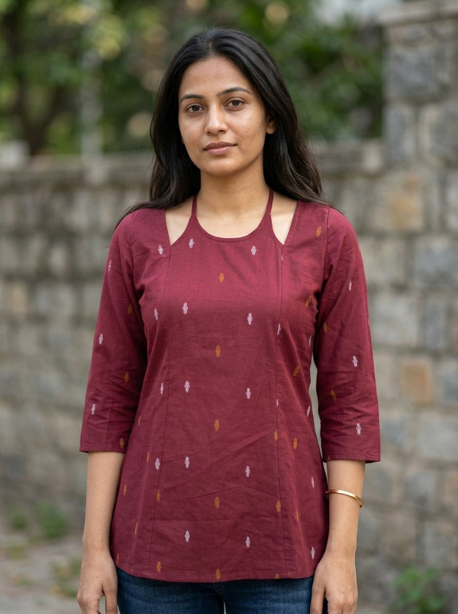Maroon Ikat Cotton Lace-Back Top