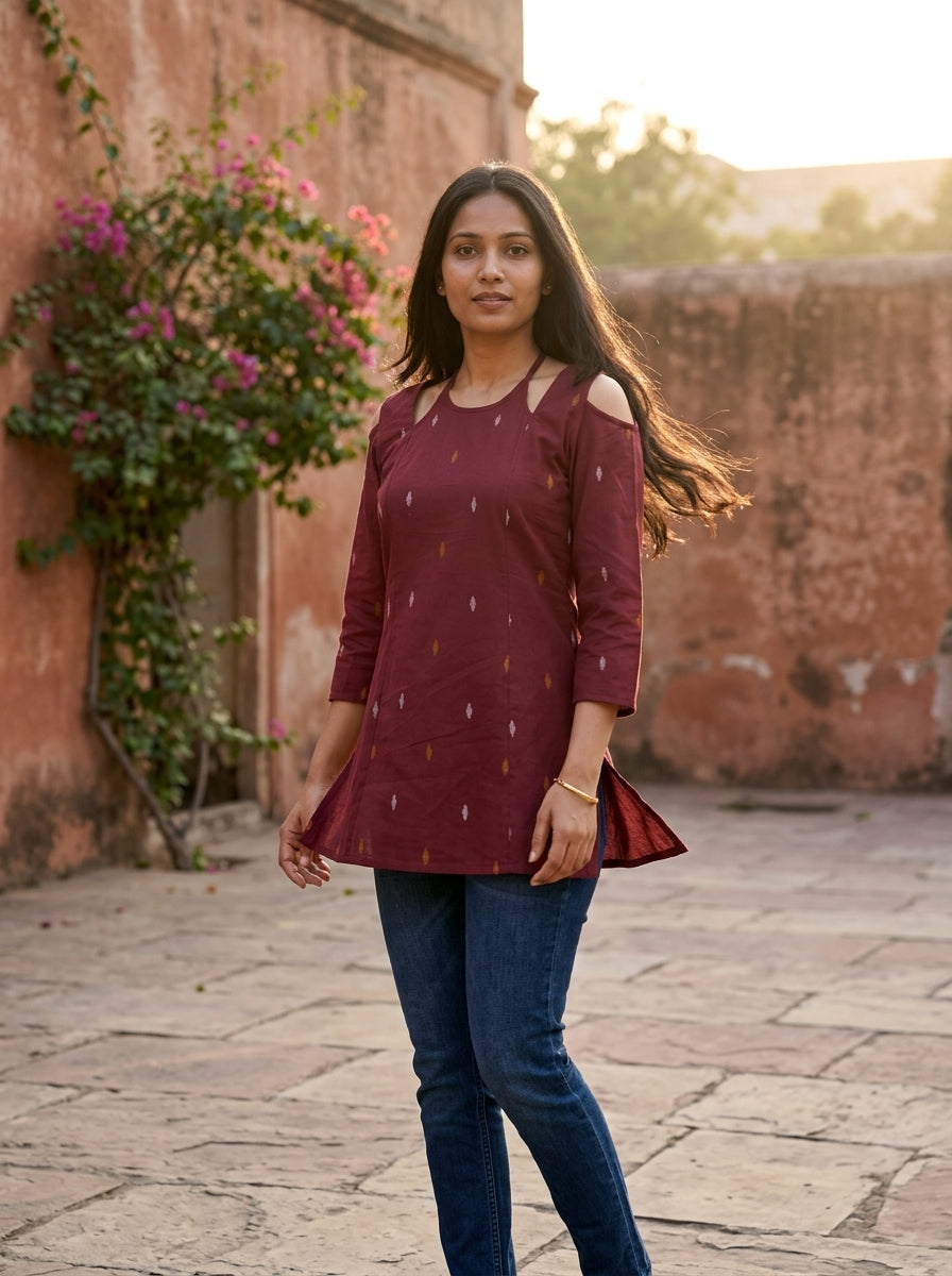 Maroon Ikat Cotton Lace-Back Top