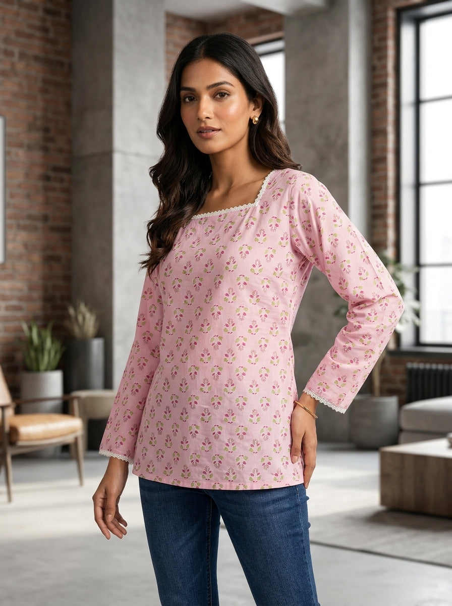 Pink Floral Cotton Lace-Back Top