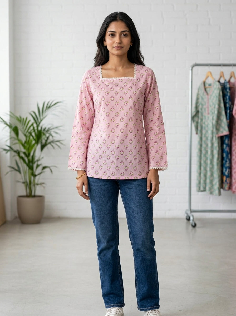 Pink Floral Cotton Lace-Back Top