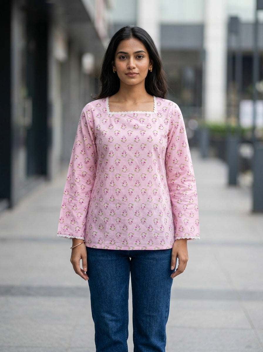 Pink Floral Cotton Lace-Back Top
