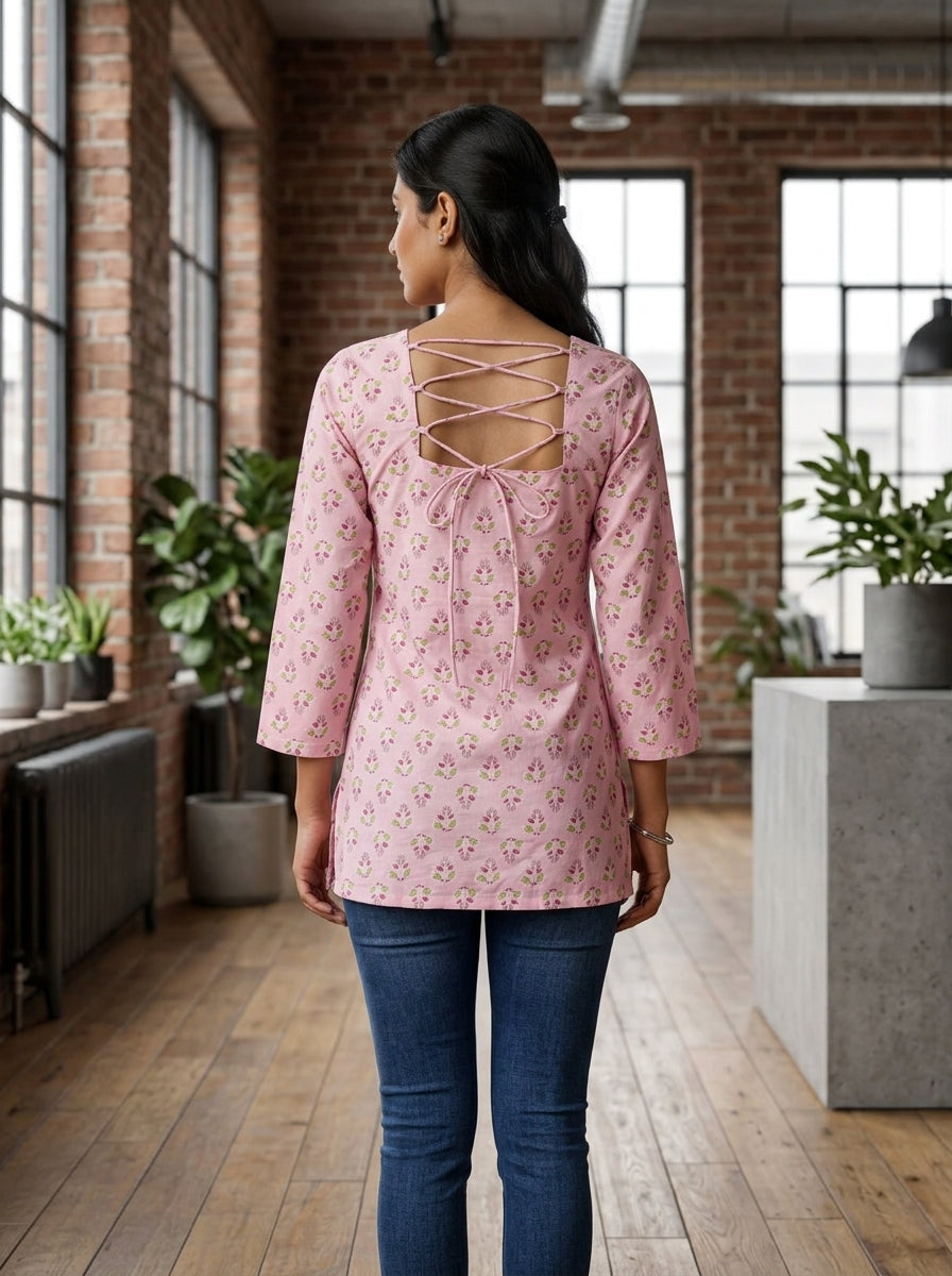 Pink Floral Cotton Lace-Back Top